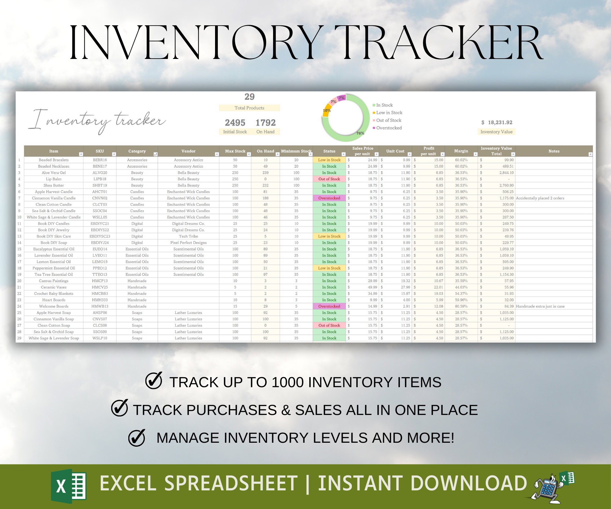 Inventory Tracker Spreadsheet: Small Business Inventory Template Excel ...