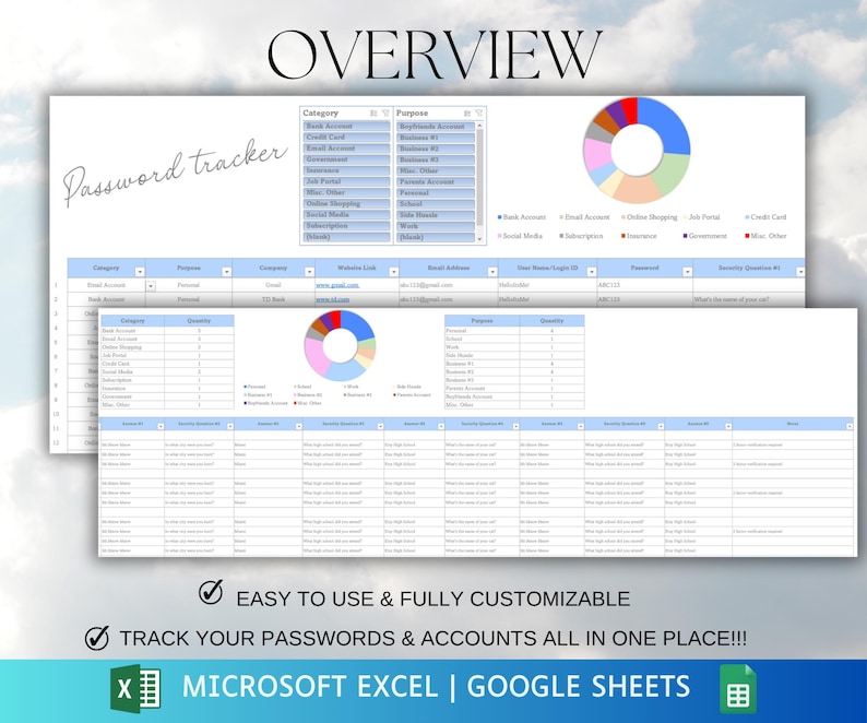 Password Tracker: Printable Excel & Google Sheets Digital Download - Etsy