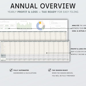 May include: An annual overview spreadsheet template featuring a 2026 annual overview dashboard with a bar chart, pie chart, and profit and loss statement. The document includes text labels such as ANNUAL OVERVIEW, YEARLY PROFIT & LOSS, TAX READY FOR EASY FILING, ANALYZE THE VARIANCE BETWEEN YOUR PROFIT GOAL & ACTUAL PROFIT, PROFIT & LOSS STATEMENT, KEEP A CLOSE EYE ON YOUR MONTHLY INCOME & EXPENSES, FULLY AUTOMATED DASHBOARDS & CALCULATIONS, and TAX SEASON READY.