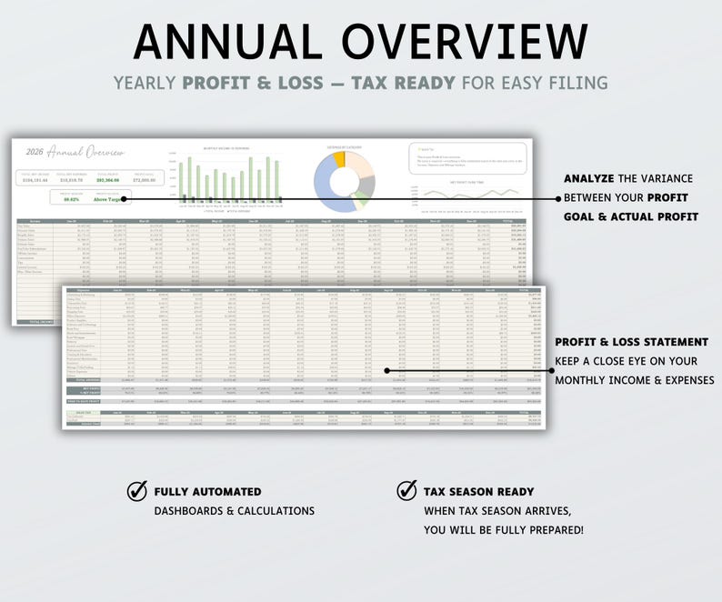 May include: An annual overview spreadsheet template featuring a 2026 annual overview dashboard with a bar chart, pie chart, and profit and loss statement. The document includes text labels such as ANNUAL OVERVIEW, YEARLY PROFIT & LOSS, TAX READY FOR EASY FILING, ANALYZE THE VARIANCE BETWEEN YOUR PROFIT GOAL & ACTUAL PROFIT, PROFIT & LOSS STATEMENT, KEEP A CLOSE EYE ON YOUR MONTHLY INCOME & EXPENSES, FULLY AUTOMATED DASHBOARDS & CALCULATIONS, and TAX SEASON READY.