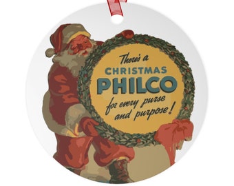 Vintage Philco Santa Metal Ornament - Retro Radio Christmas Ad - Available in Round & Oval Shapes