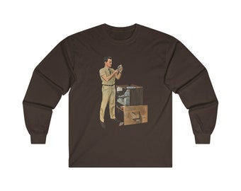 TV Repairman at Work - Long Sleeve Tee - Mid-Century Modern Era Vintage Design - Checking Vacuum Tubes in Antique Television Set