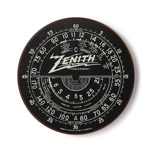 May include: A round, black Zenith radio dial with white markings and text. The dial features a brown wooden edge and includes scales for frequency and time, with the words "Zenith" and "Long Distance" prominently displayed. Made in the United States of America.