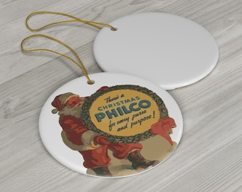 Vintage Philco Radio Christmas Ceramic Ornament - Retro Santa Ad Design - Unique Holiday Decor