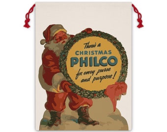 Vintage Philco Radio Christmas Linen Gift Bag - Eco-Friendly Santa Ad Design - Unique Holiday Wrapping Solution