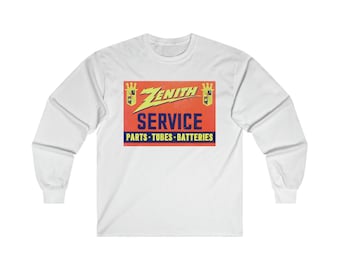 Zenith SERVICE Parts - Tubes - Batteries, Antique Electronics Advertising, Vintage Radio Long Sleeve Tee