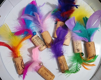 Wine Cork Feather Cat Toys - Handmade - Colorful Unique Toys - Kitty fun - Cat Gifts - Playtime - Interactive - Gifts for Kitty - Feathers