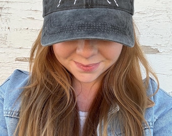 Hand Embroidered Mountain Dad Hat – Distressed Charcoal Gray Cotton
