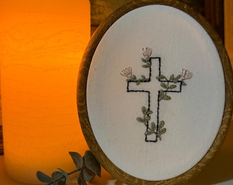 Hand Embroidered Floral Cross Hoop Art - Christian Wall Decor, Pink Flowers & Vines Religious Embroidery, Faith Gift, Nursery or Home Accent