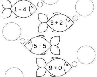 Afdrukbaar werkblad vissen toevoegen | Vang de antwoorden op wiskundeoefeningen voor de kleuterschool | Toevoeging oceaanthema