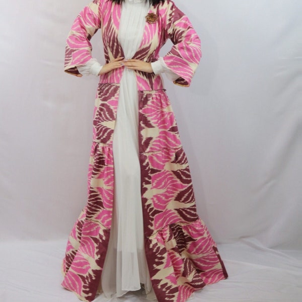 Elegant handmade tiered ikat kimono Uzbek dress kaftan, robe, artisan made in Uzbekistan