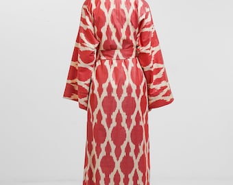 Handwoven Ikat Kimono Maxi Dress Ikat Robe Ikat Dress Uzbek National Dress Adras Cotton Beach Dress Loose Fit Dress For Summer