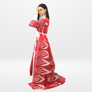 Elegant handmade tiered ikat kimono Uzbek dress kaftan, robe, artisan made in Uzbekistan