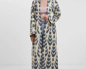 Handwoven Ikat Kimono Maxi Dress Elegant Ikat Robe Ikat Dress Uzbek National Dress Adras Cotton Beach Dress Loose Fit Dress For Summer