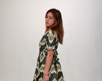 Exquisite Handmade Short Sleeved Ikat Dress with Belt