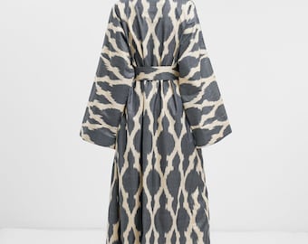 Handwoven Ikat Kimono Maxi Dress Ikat Robe Ikat Dress Uzbek National Dress Adras Cotton Beach Dress Loose Fit Dress For Summer