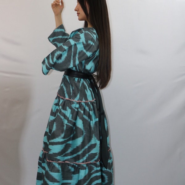 Elegant handmade tiered ikat kimono Uzbek dress kaftan, robe, artisan made in Uzbekistan