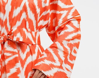 Handwoven Ikat Kimono Maxi Dress Ikat Robe Ikat Dress Uzbek National Dress Adras Cotton Beach Dress Loose Fit Dress For Summer