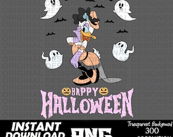 May include: A cartoon illustration of a female duck dressed in a witch costume with a pink and purple dress, black hat, and a broom. The duck is surrounded by ghosts and pumpkins with the text "Happy Halloween" in pink letters.