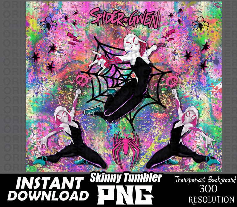 Pode incluir: Uma ilustra&ccedil;&atilde;o digital do Spider-Gwen em um traje preto e branco com um design de teia de aranha. O fundo &eacute; um padr&atilde;o de respingos coloridos com estrelas e o texto "Spider-Gwen".