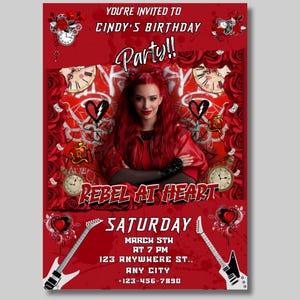 Invitación de cumpleaños personalizada de descendiente rojo, fiesta personalizada de descendiente rojo, invitación de cumpleaños de corazón rebelde, cumpleaños personalizado de descendiente