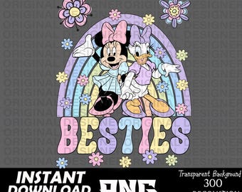 Op de afbeelding: Een regenboog met pastelkleuren en bloemen, met het woord "BESTIES" in een retro-lettertype. Twee cartoonfiguren, Mickey Mouse en Minnie Mouse, staan voor de regenboog. Mickey Mouse draagt een roze jurk en Minnie Mouse draagt een paarse jurk.