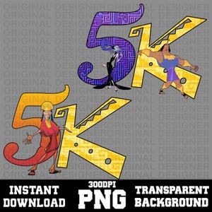 Może przedstawiać: Grafika cyfrowa z tekstem "5K" i postaciami z filmu animowanego "Nowe szaty króla". Cyfra "5" jest fioletowa z labiryntem, a "K" jest żółte. Obraz zawiera tekst "INSTANT DOWNLOAD PNG TRANSPARENT BACKGROUND".