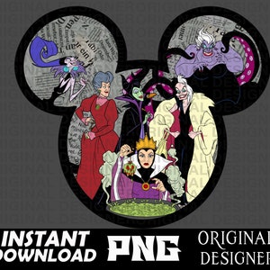 May include: A black and white illustration of Disney villains in a Mickey Mouse head shape. The villains include Ursula, Maleficent, Cruella de Vil, the Evil Queen, and Lady Tremaine. The background is a newspaper print.