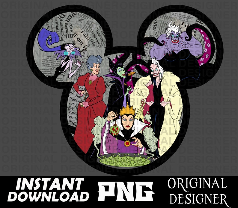 May include: A black and white illustration of Disney villains in a Mickey Mouse head shape. The villains include Ursula, Maleficent, Cruella de Vil, the Evil Queen, and Lady Tremaine. The background is a newspaper print.