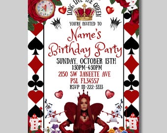 red descendant queen of hearts custom birthday invitation, descendant red party custom, birthday invitation, personalized queen birthday