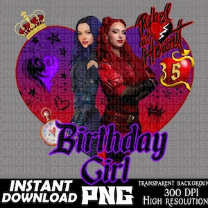 descendants red mal birthday girl 5th, descendant red png, rebel heart, descendant red birthday sublimation, cricut, birthday girl printable
