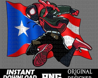 May include: A digital illustration of a superhero wearing a red and black suit, with a black spider design on the chest, standing in front of a waving Puerto Rican flag. The superhero is wearing red and black sneakers and has a determined expression on their face.