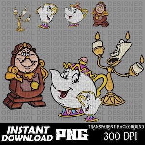 May include: Embroidered designs of characters from a classic animated film. The image includes a teapot, teacup, clock, and candelabra, all with smiling faces. The text "INSTANT DOWNLOAD PNG" is at the bottom.
