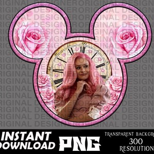 May include: A pink Mickey Mouse-shaped design with a clock face in the center. The clock face has Roman numerals and a pink heart design. A woman with pink hair is in the center of the clock face. The background is a pink and white floral pattern.