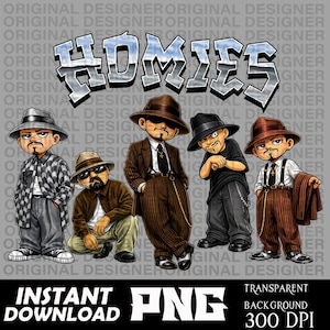 Peut inclure: Illustration de cinq personnages de dessins animés en chapeaux fedora et costumes, avec le mot "HOMIES" en lettrage stylisé. L'image a un fond transparent et est étiquetée "INSTANT DOWNLOAD PNG 300 DPI."