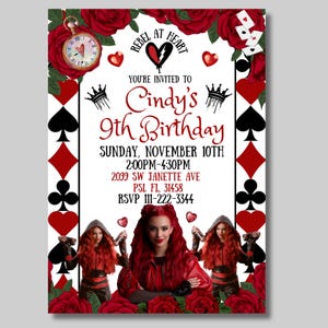 red descendant custom birthday invitation, descendant red party custom, rebel at heart birthday invitation, personalized descendant birthday