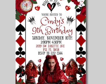 red descendant custom birthday invitation, descendant red party custom, rebel at heart birthday invitation, personalized descendant birthday