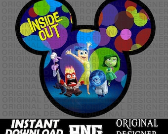 May include: A blue Mickey Mouse head silhouette with a colourful polka dot pattern. Inside the silhouette are the characters from the movie Inside Out: Joy, Sadness, Anger, Disgust, and Fear. The text "Inside Out" is written in yellow letters on the left side of the silhouette.