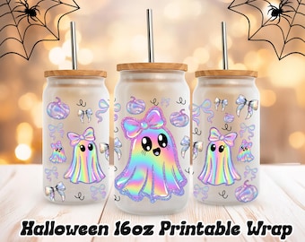 16oz Halloween png, Iridescent Ghost PNG, Coquette Iridescent Halloween bow png, Halloween 16oz sublimation, Libbey Glass png, Spooky Season