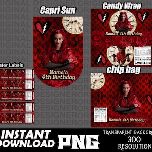 descendants red party favors bundle png, descendants red Birthday party, descendants red Birthday, Chip bags, water bottle label, candy wrap