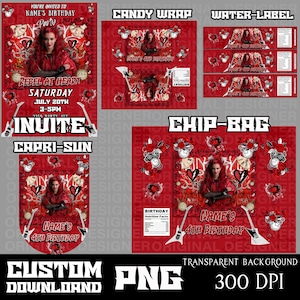 descendants red party favors bundle png, descendants red Birthday party, descendants red Birthday, Chip bags, water bottle label, candy wrap