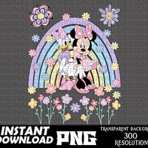 May include: A digital illustration of Mickey Mouse and Minnie Mouse standing in front of a rainbow with pastel flowers. Mickey Mouse is wearing a red and white polka dot dress and Minnie Mouse is wearing a blue dress with white polka dots.