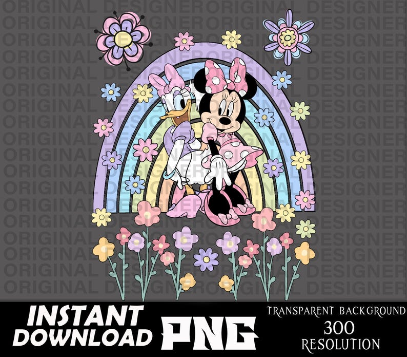 May include: A digital illustration of Mickey Mouse and Minnie Mouse standing in front of a rainbow with pastel flowers. Mickey Mouse is wearing a red and white polka dot dress and Minnie Mouse is wearing a blue dress with white polka dots.