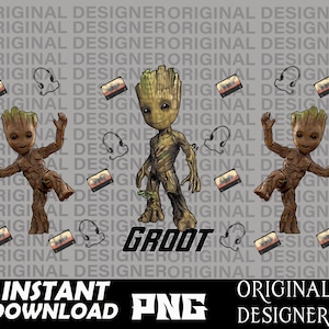 May include: Two digital illustrations of the character Groot from the Guardians of the Galaxy movie franchise. The character is depicted in a green and brown colour scheme, with a large head and a small body. The character is shown in two different poses, one with arms raised and one with arms down. The background is a grey pattern with the text "ORIGINAL DESIGNER" repeated.