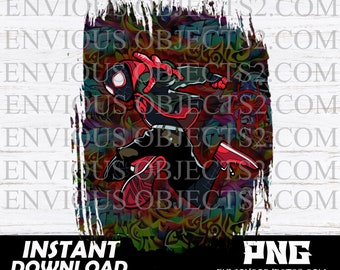 May include: A digital illustration of a superhero wearing a black and red suit with a spider design on the chest. The superhero is jumping in the air with a colorful graffiti background.