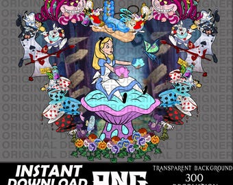 Peut inclure: Impression numérique d'art sur le thème d'Alice au pays des merveilles représentant Alice debout sur un champignon avec une robe bleue et blanche, entourée de cartes à jouer, de tasses à thé et du Chat du Cheshire.