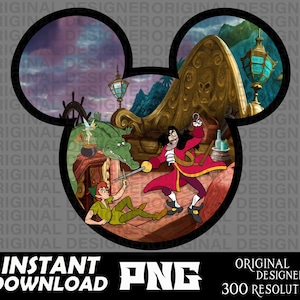May include: A Mickey Mouse-shaped illustration featuring Captain Hook, Peter Pan, and a crocodile. The scene is set on a pirate ship with a skull and crossbones design. The background includes a cloudy sky and a tropical island.