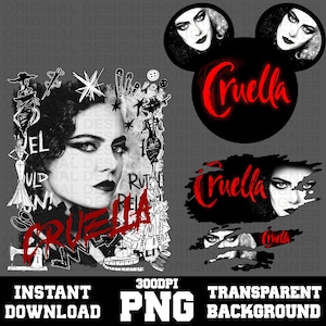May include: A digital graphic design featuring the character Cruella with black and white imagery, red text reading Cruella, and various sewing-themed illustrations including dress forms, needles, buttons, and measuring tape on a dark background.