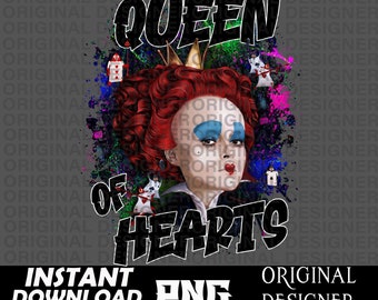 May include: A digital illustration of the Queen of Hearts from Alice in Wonderland. The image features a colourful, abstract background with splashes of paint. The Queen of Hearts is wearing a red and black dress with a crown and a heart-shaped necklace. The text "Queen of Hearts" is written in black letters with a graffiti style.