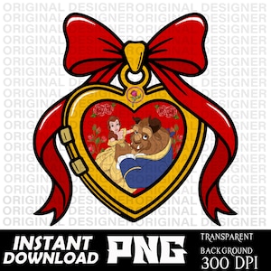 Puede incluir: Un colgante en forma de corazón con Bella y la Bestia de La Bella y la Bestia, rodeado por un marco dorado y un lazo rojo. El colgante tiene un fondo rojo con rosas. La imagen incluye el texto "INSTANT DOWNLOAD" y "PNG".